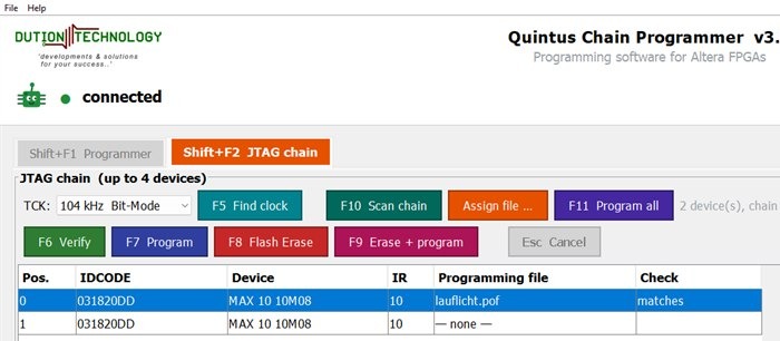 Quintus Programmer connected to a JTAG chain of two FPGAs, programming file assigned and checked